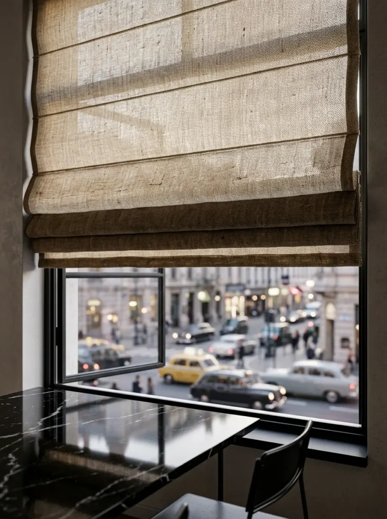Textured Linen Roman Shades Woven burlap roman shade pulled halfway down a window overlooking a city street.