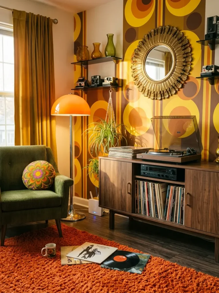 Green corduroy armchair next to wooden media console holding vinyl records against retro orange geometric wallpaper