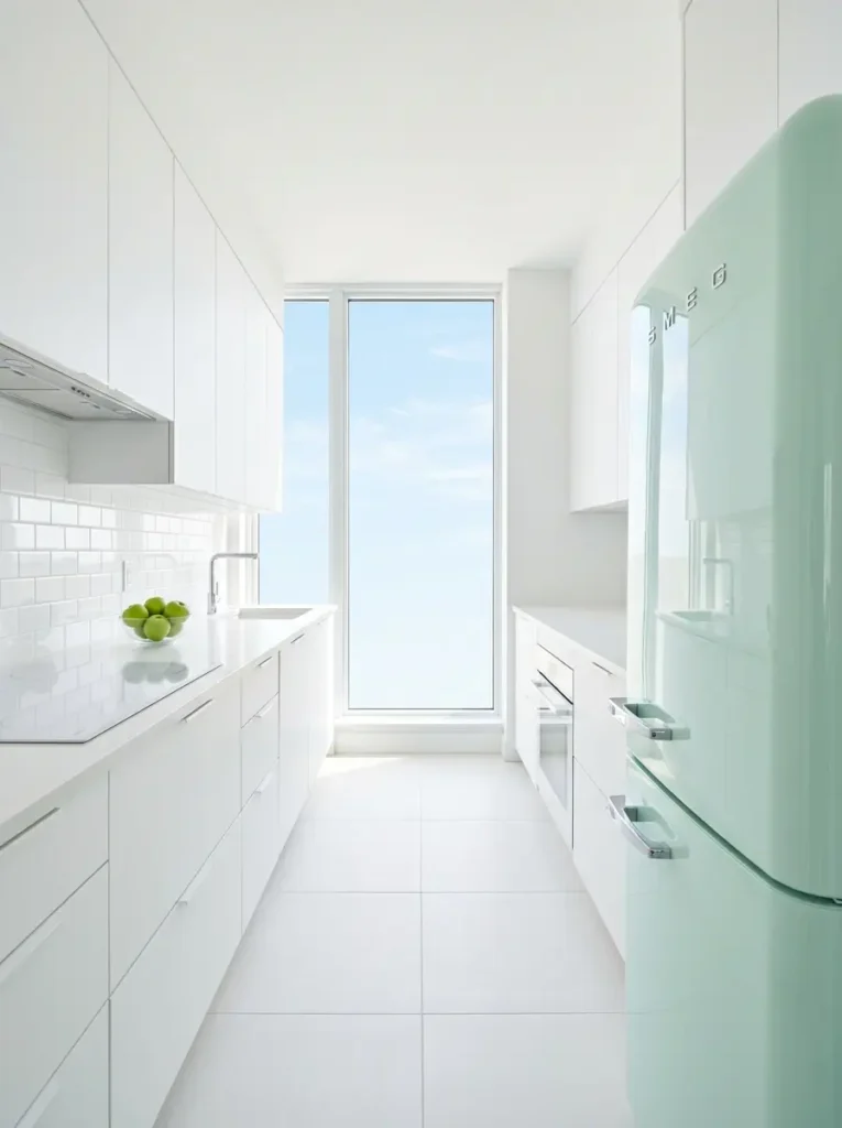 Pastel mint green Smeg fridge in an all white kitchen.