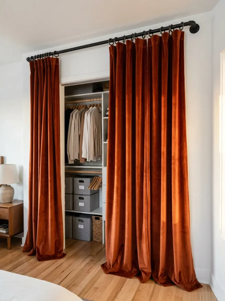 Floor length burnt orange velvet curtains hanging from a black rod over a bedroom closet