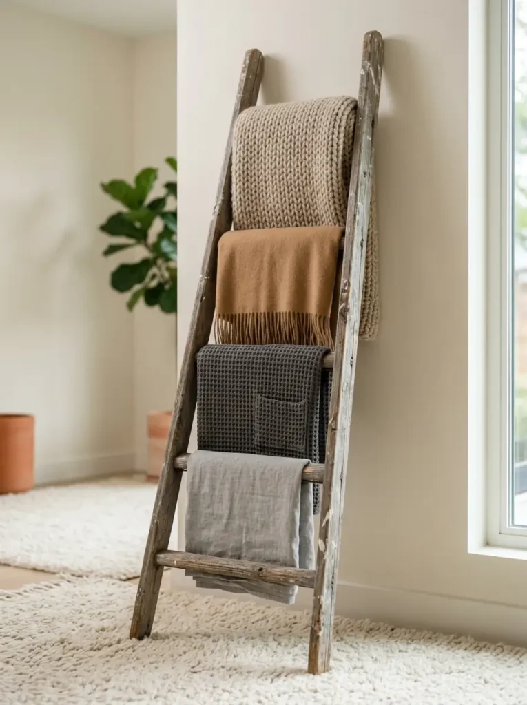 Rustic Wooden Blanket Display Ladder Rustic wooden ladder leaning against a white wall displaying folded textured throw blankets.