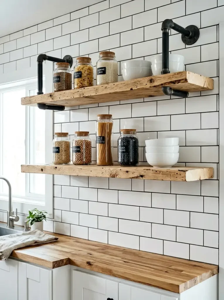 Reclaimed Wood Pipe Shelves | StylishGalore Two floating shelves made of rough pine wood and black iron pipes holding glass pantry jars