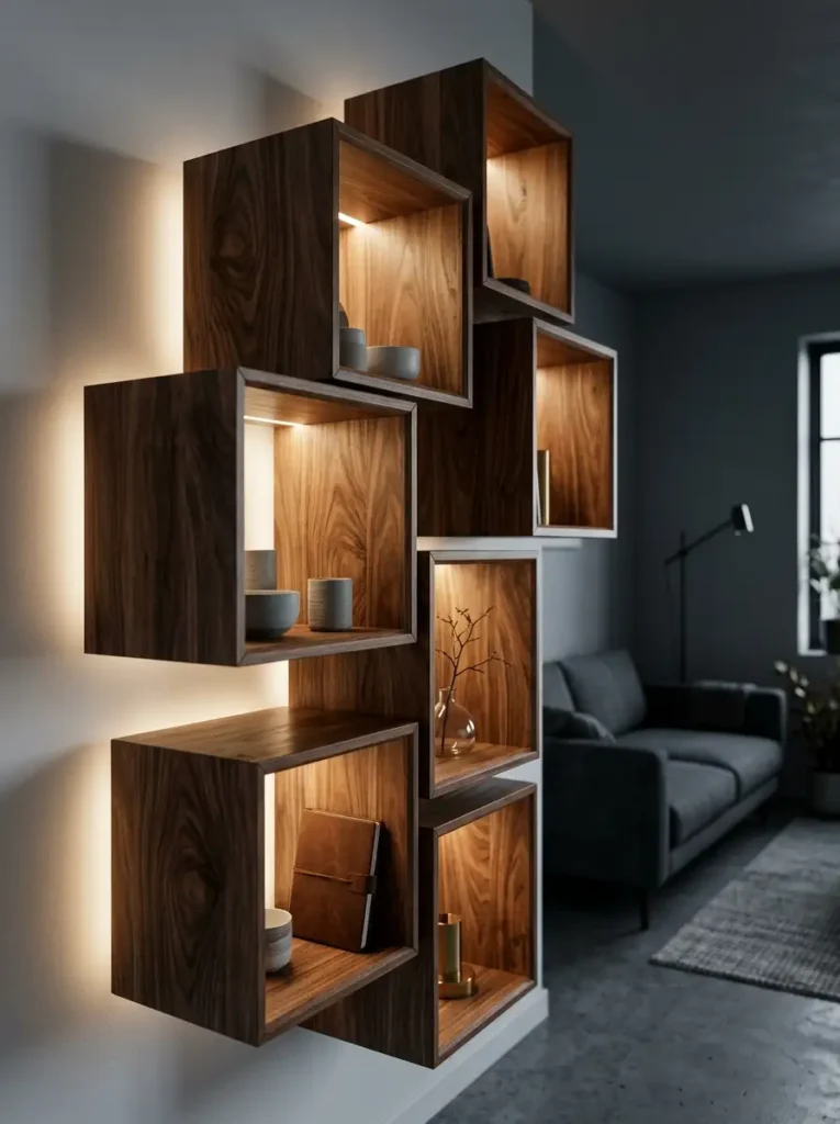 Illuminated Wooden Box Shelves Square wooden cube shelves mounted on a wall with warm internal LED lighting highlighting decor objects.
