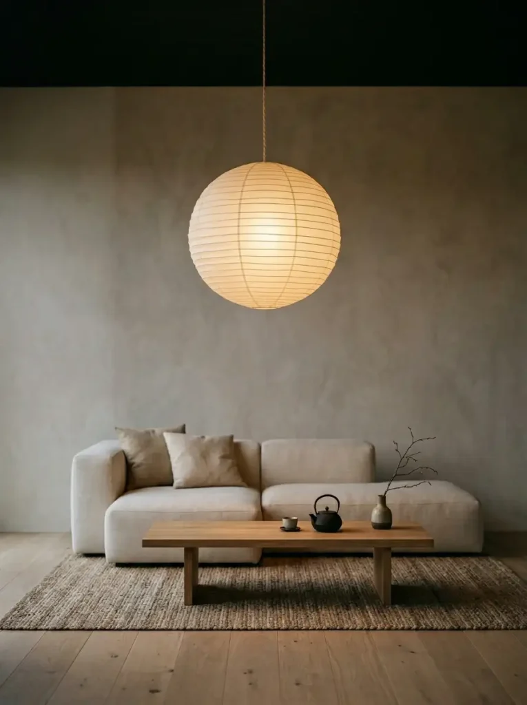 Oversized Spherical Paper Lantern Massive spherical white paper lantern with bamboo ribbing hanging over a light wood coffee table and cream sofa