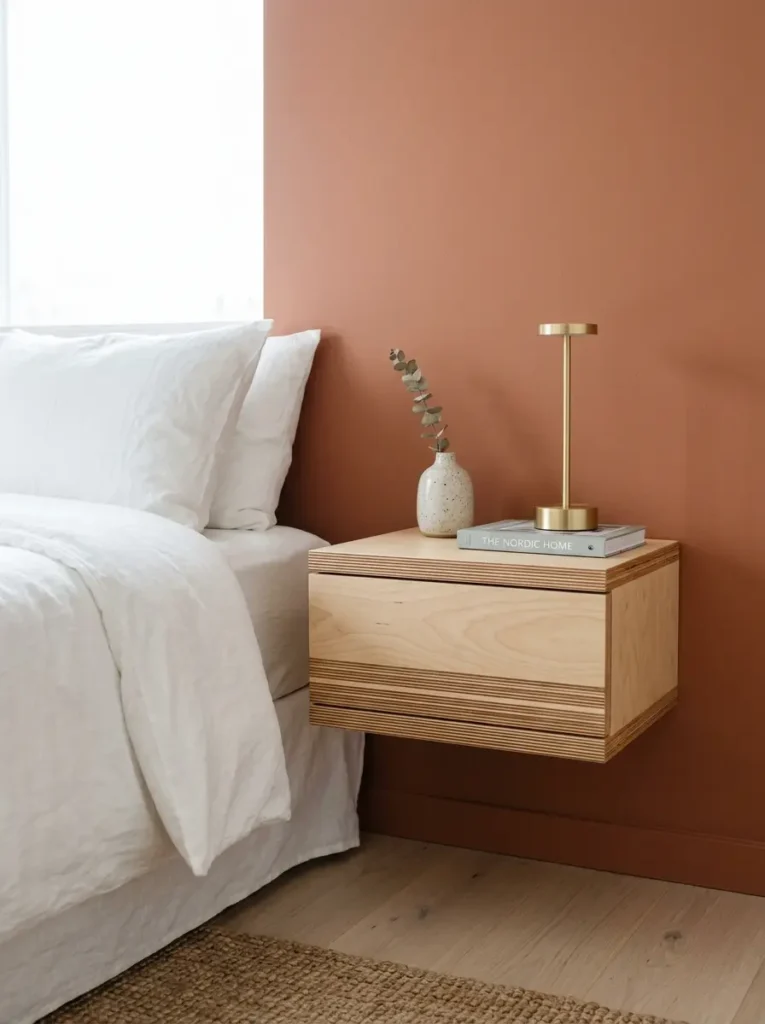 Chunky box nightstand made of layered Baltic birch plywood mounted directly to a burnt orange wall.