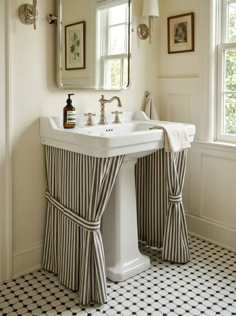 White pedestal sink hidden behind a striped fabric skirt