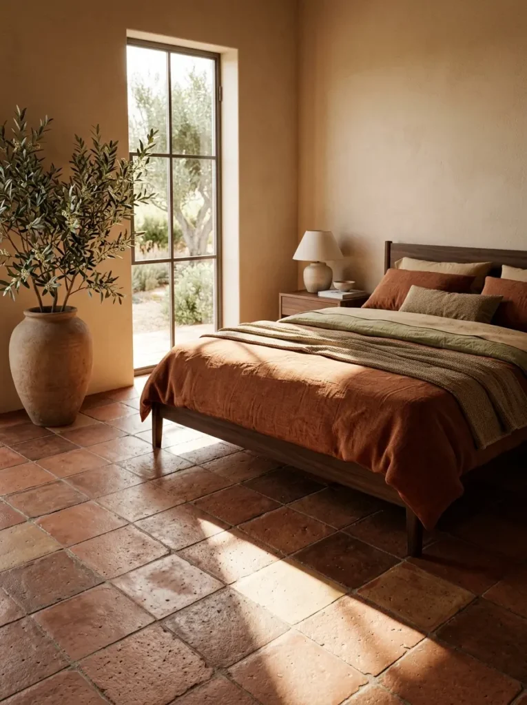Burnt orange linens on a wooden bed over square rustic clay floor tiles with a giant earthenware pot holding an olive branch