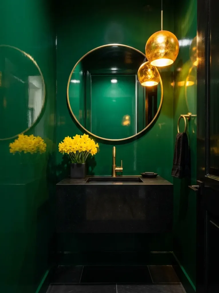 Glossy emerald green bathroom walls with yellow daffodils in a black vase.