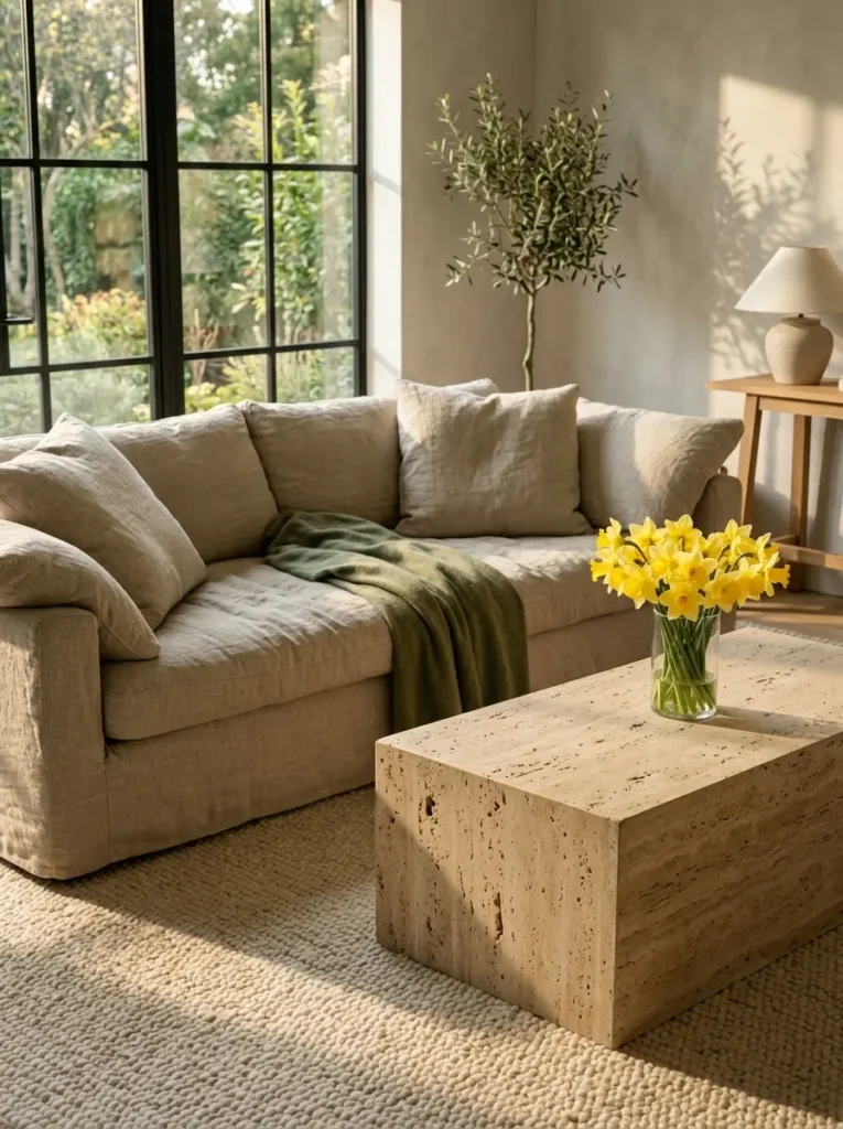 Large rectangular travertine stone coffee table with yellow flowers and a linen sofa.