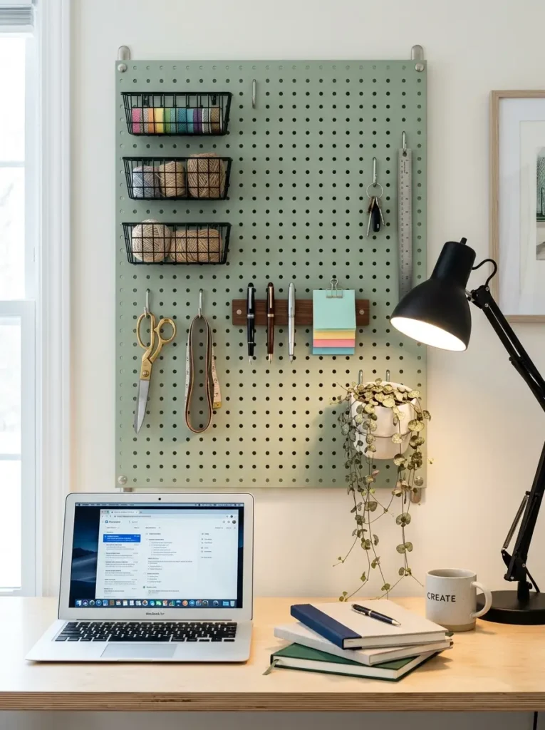 Sage green metal pegboard holding office supplies and a plant above a desk