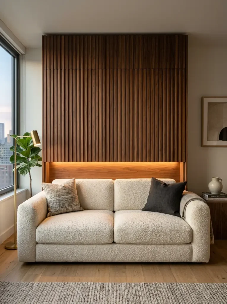 Vertical wood slat wall behind a cream sofa conceals a Murphy bed