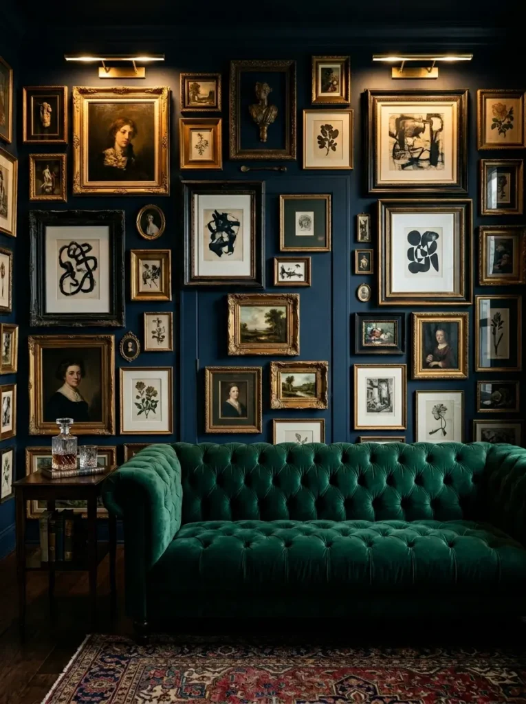 Dark blue wall covered in vintage framed art hiding a flush door behind a green velvet sofa.