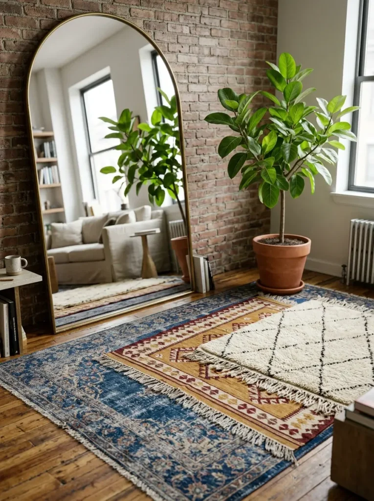 Layered Area Rugs Small white diamond patterned rug layered over a larger blue vintage style rug.