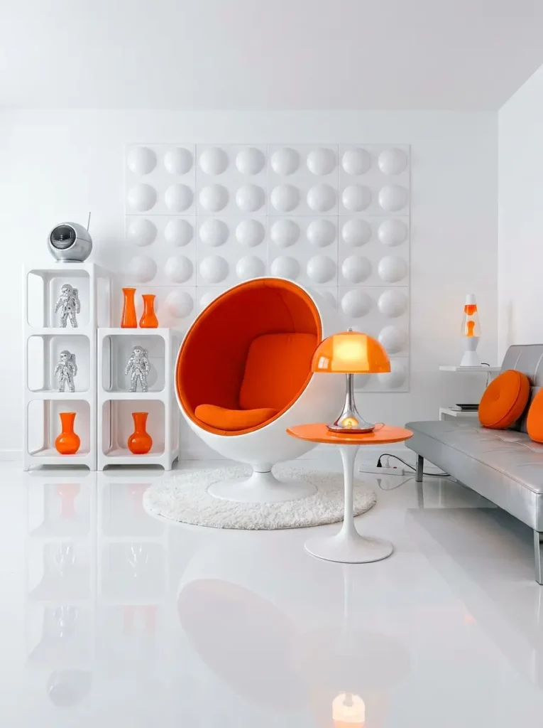 White and orange circular pod chair next to silver futon and glossy white spherical wall panels in retro apartment