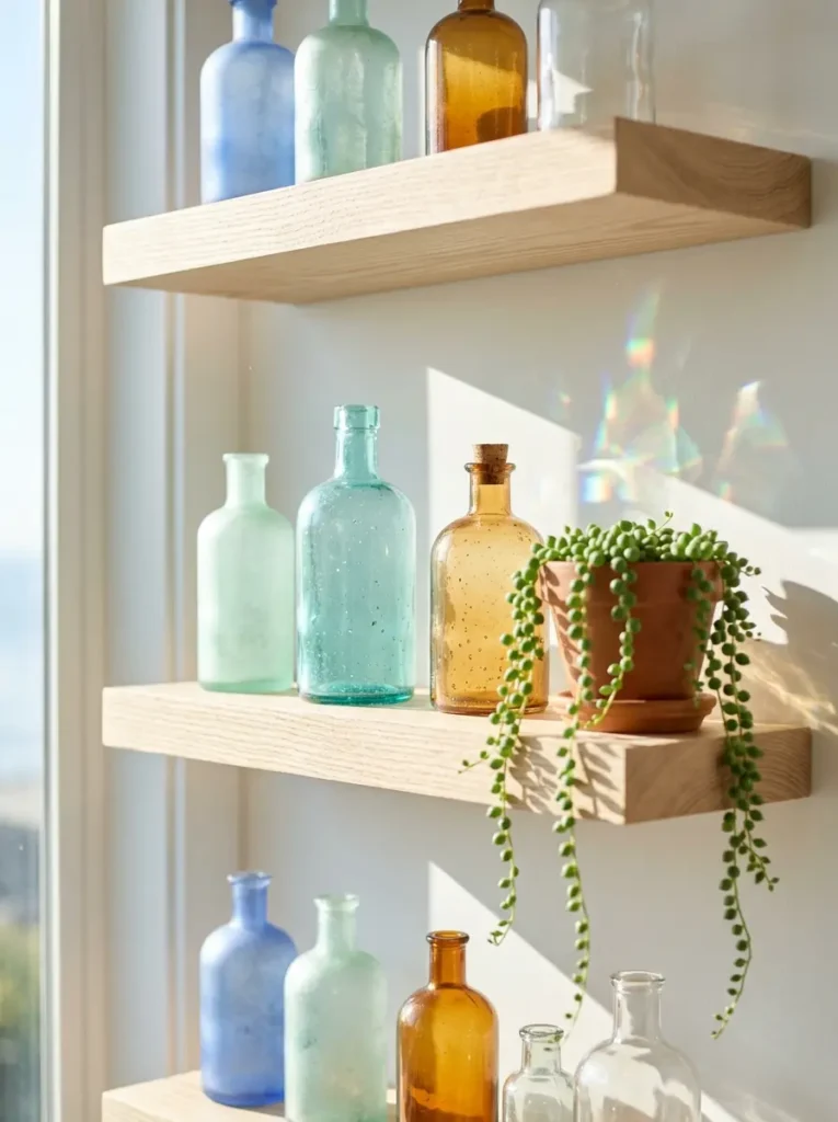 Amber and blue vintage glass bottles on floating shelves.