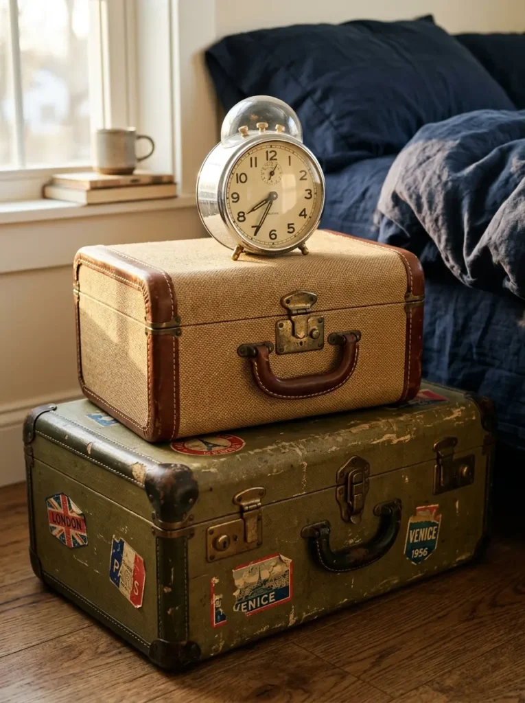 Stacked vintage hard shell luggage used as a nightstand next to a dark blue bed