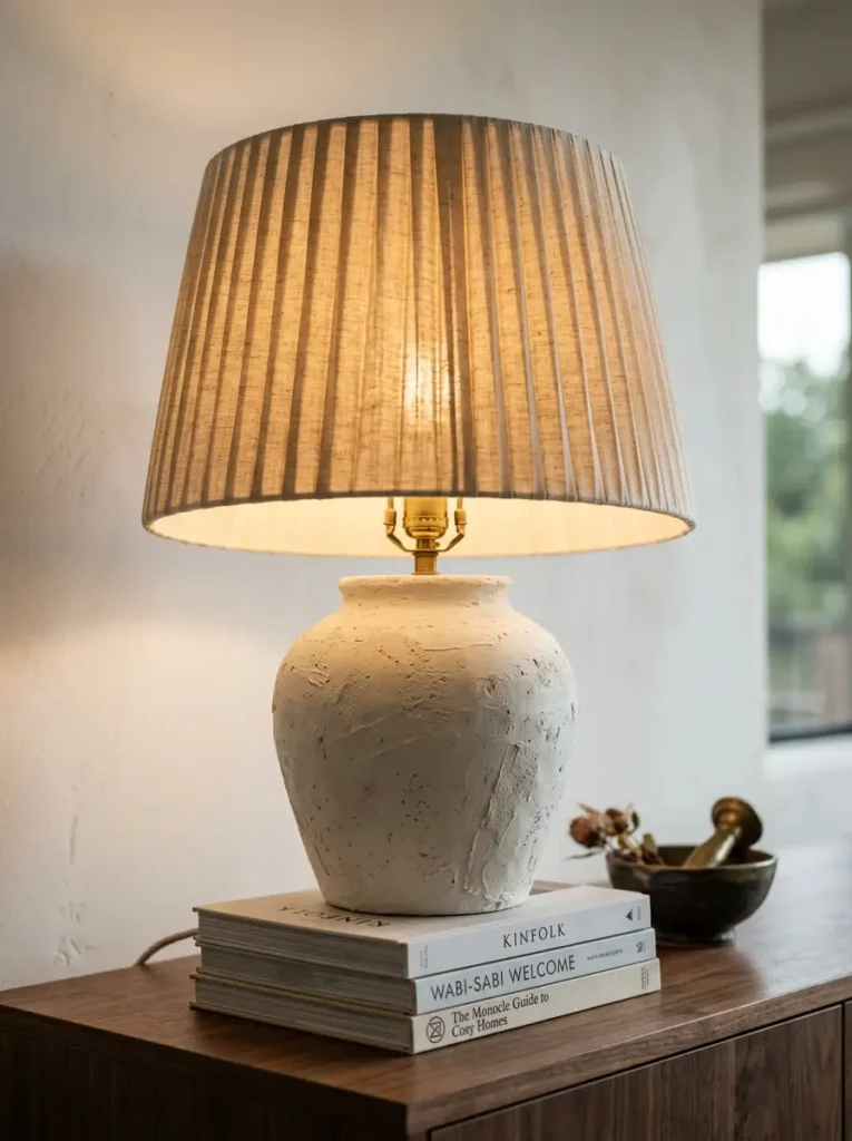 Textured Plaster Table Lamp Base Table lamp featuring a white textured plaster base and a pleated linen shade on stacked books.