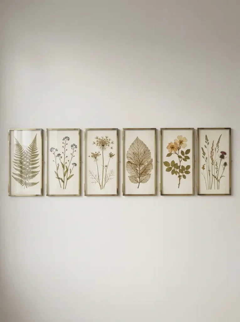 Pressed Flower Glass Display Six rectangular brass frames holding dried pressed botanicals hanging in a straight line on a wall.