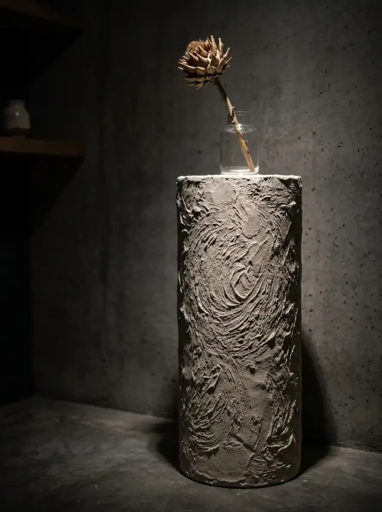 Textured Plaster Cylinder Art Pedestal Rough plaster coated cylindrical art pedestal displaying a dried thistle in a glass vase under dramatic lighting