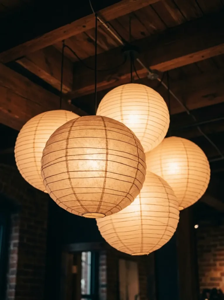 Multiple round white paper lanterns clustered together hanging from a dark rustic timber ceiling.