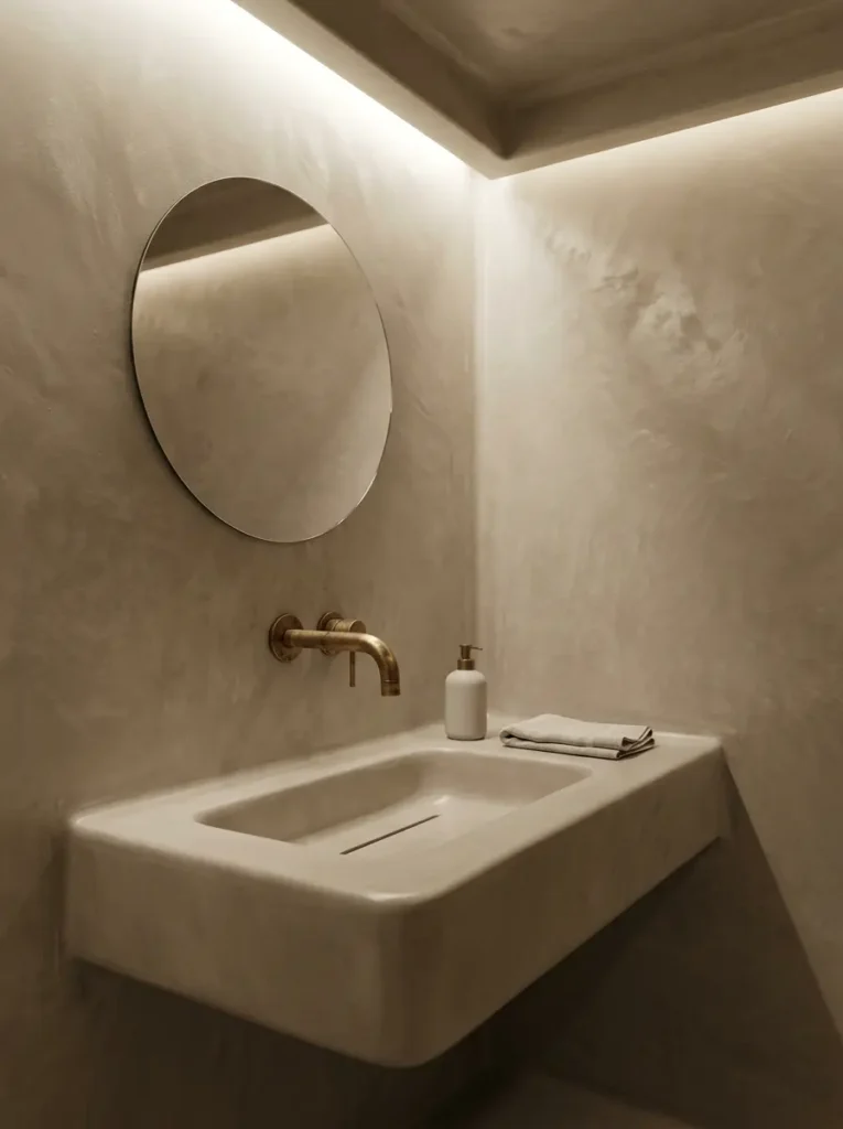 Monochromatic bathroom vanity and walls wrapped in smooth warm plaster