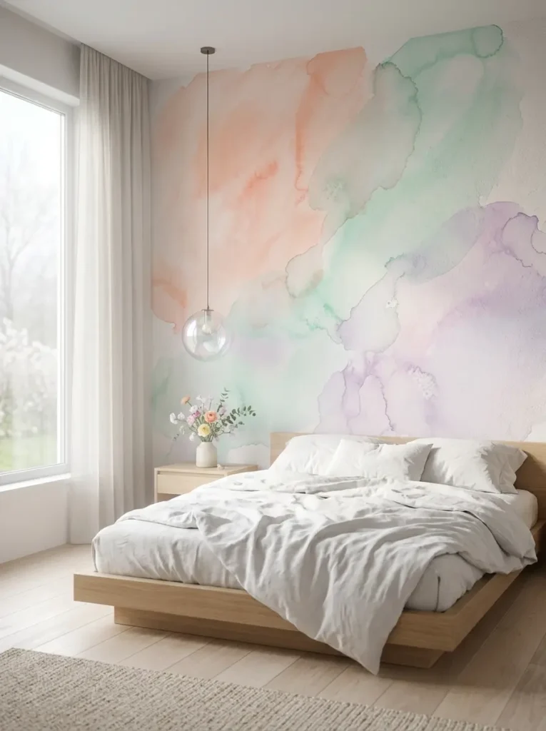 Large bedroom wall covered in soft peach and mint painted watercolor blends behind a minimalist wood platform bed with white sheets