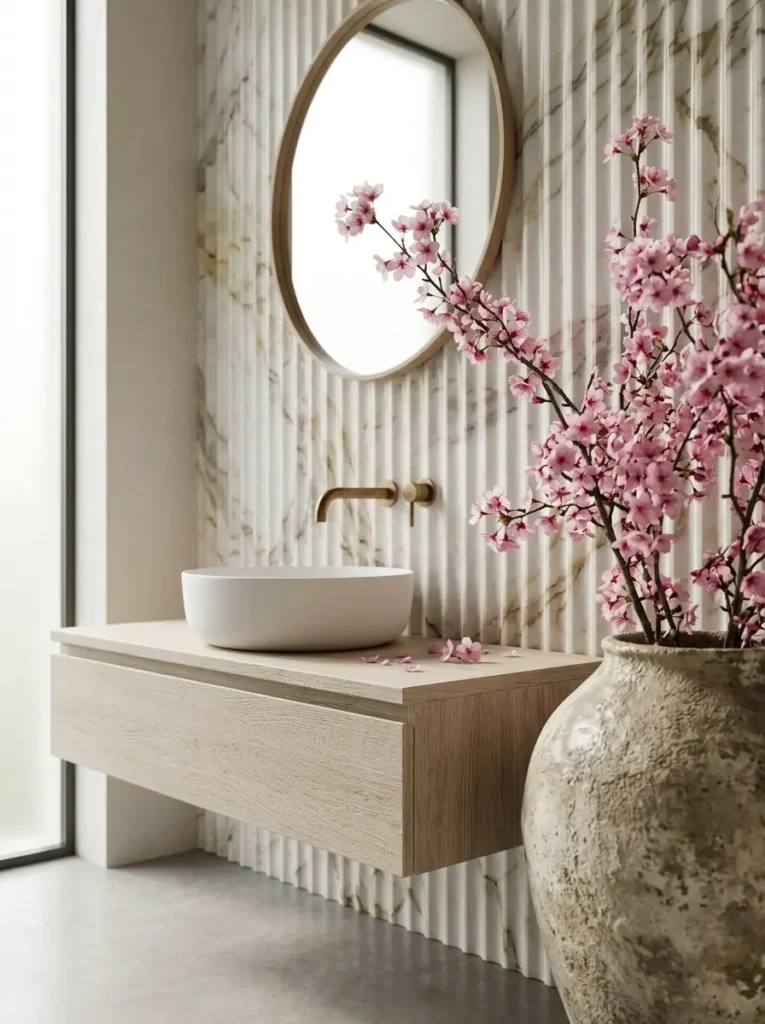Fluted marble wall texture behind a white sink with cherry blossom branches.