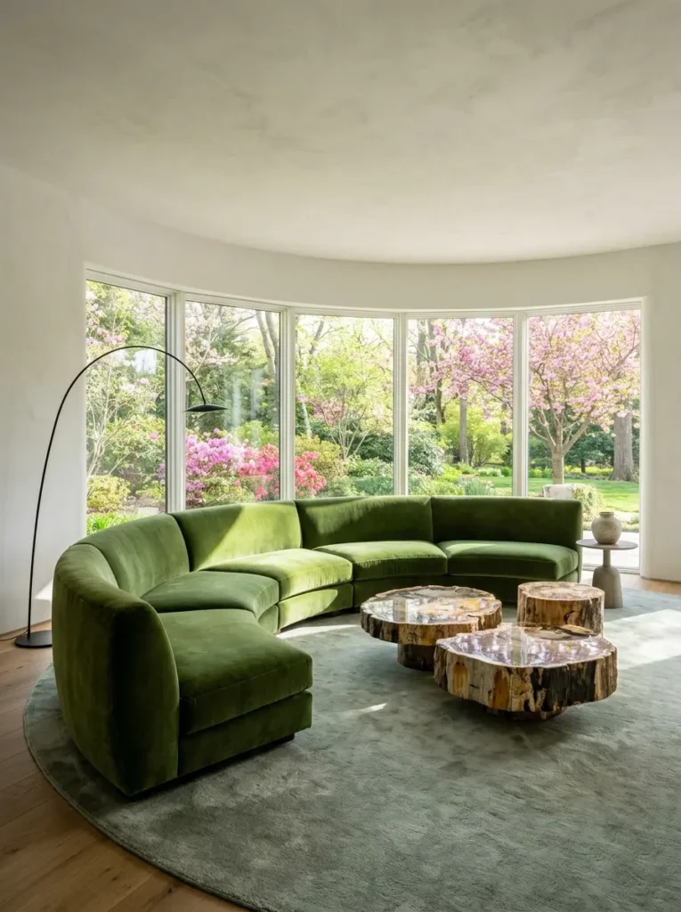 Sweeping curved green velvet sofa in a room with large windows and garden views.
