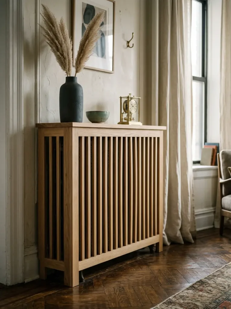 Custom slatted wooden radiator cover functioning as a display console
