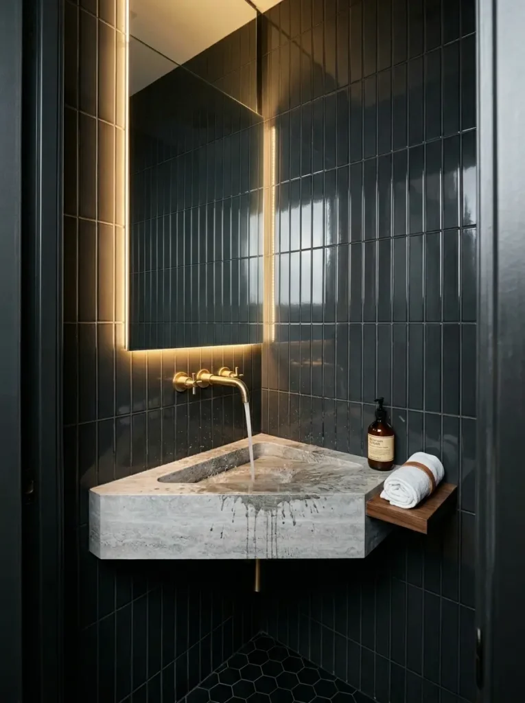 Custom triangular gray stone sink tucked into a dark tiled bathroom corner with a brass faucet.
