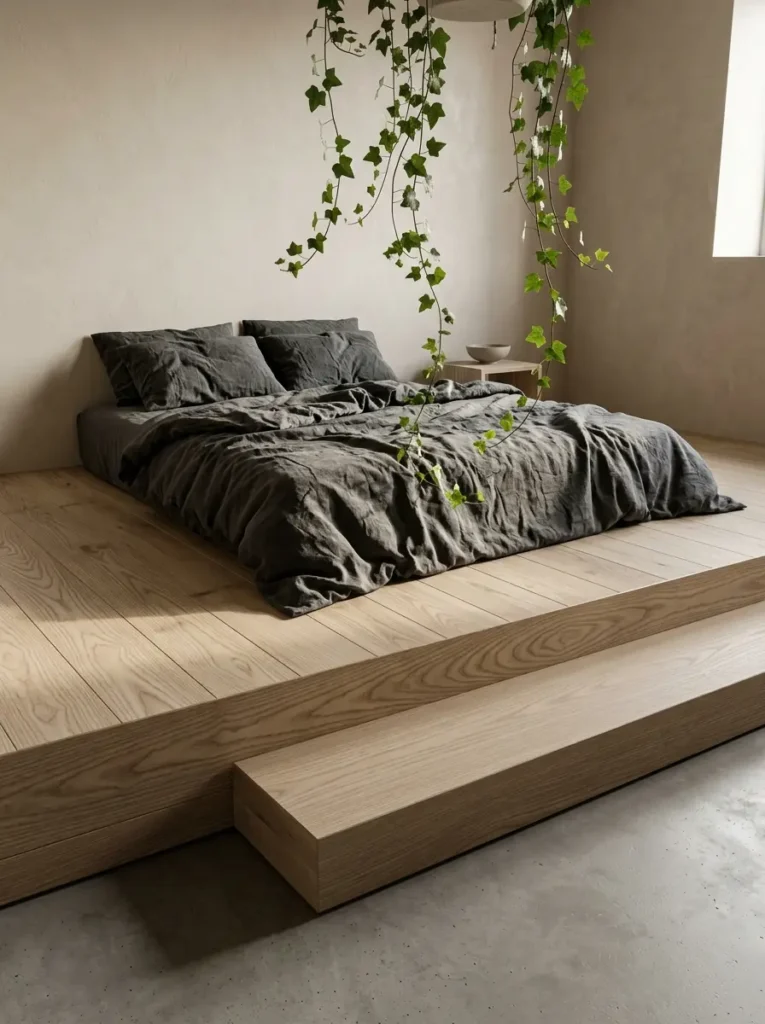 Raised Wooden Sleep Platform Raised wooden platform floor holding a mattress with dark grey sheets and hanging green vines.
