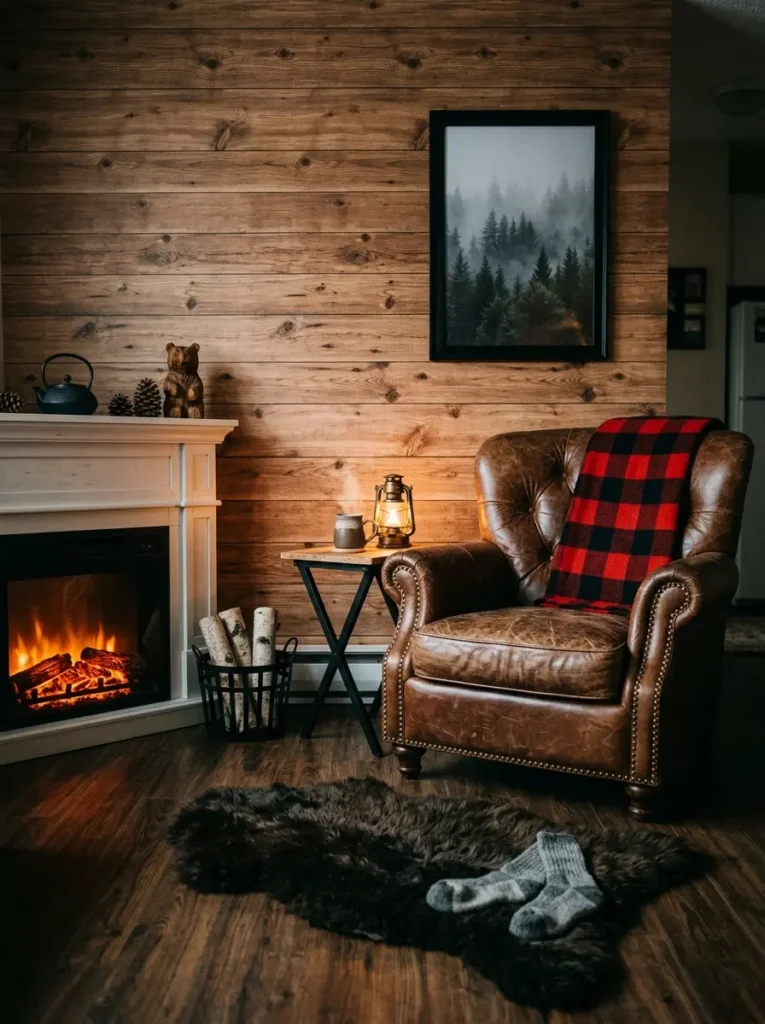 Brown leather tufted armchair with red plaid blanket near glowing electric fireplace and wooden plank wall