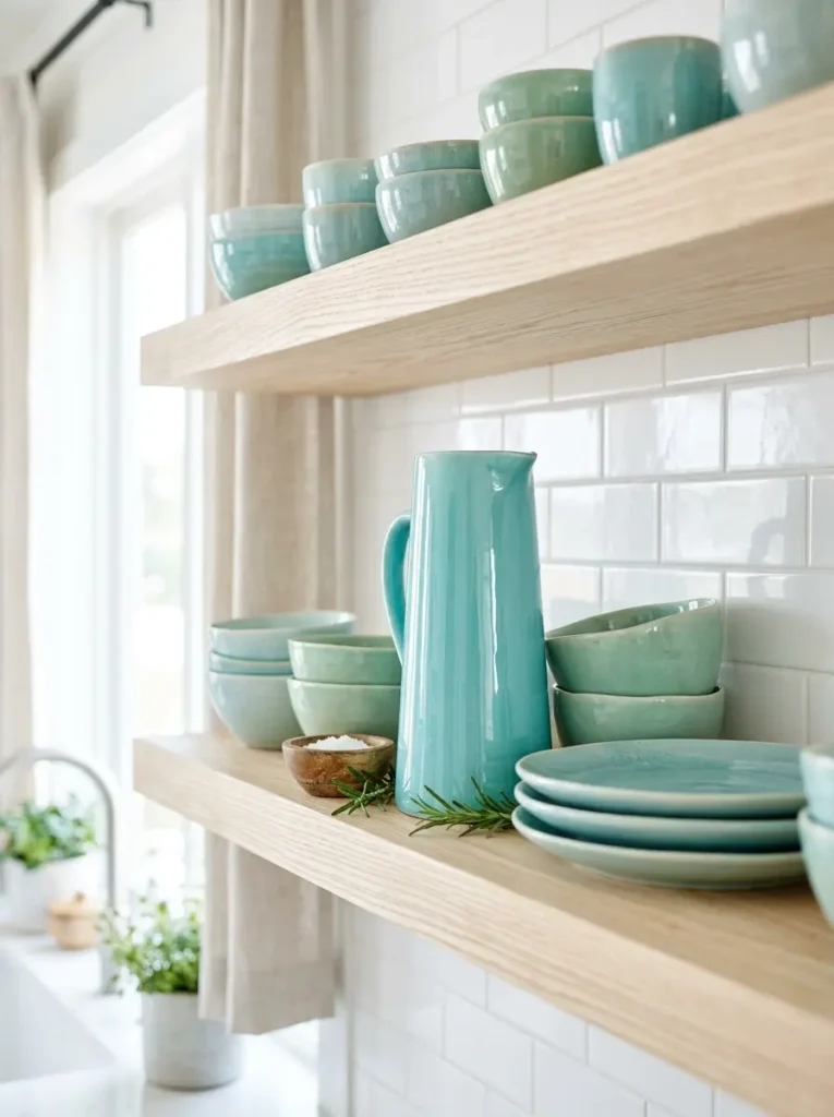 Aqua colored bowls and plates on light oak shelving.