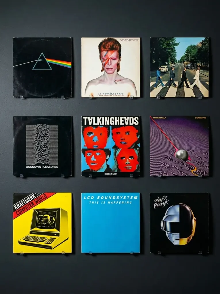 Grid of vintage vinyl record album covers displayed on a charcoal grey bedroom wall