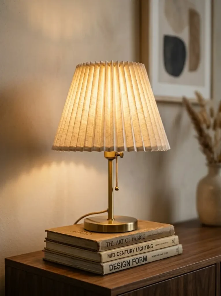 Pleated Linen Fabric Lampshade Brass table lamp featuring a pleated linen lampshade casting warm light over stacked books.