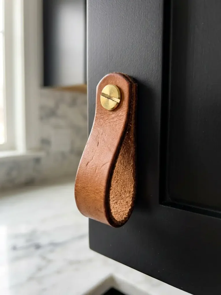 Leather Loop Cabinet Pull | StylishGalore Folded tan saddle leather loop secured with a brass screw on a matte black cabinet door