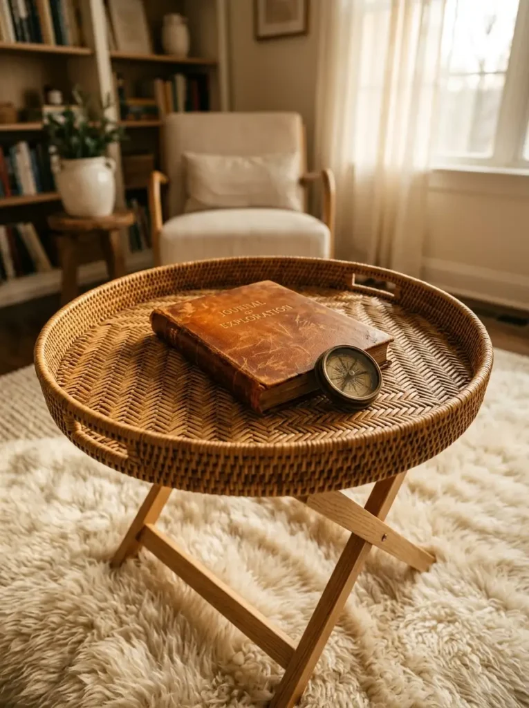 Woven Rattan Tray Table Round rattan tray with a herringbone weave set on folding wooden legs holding a journal and compass.