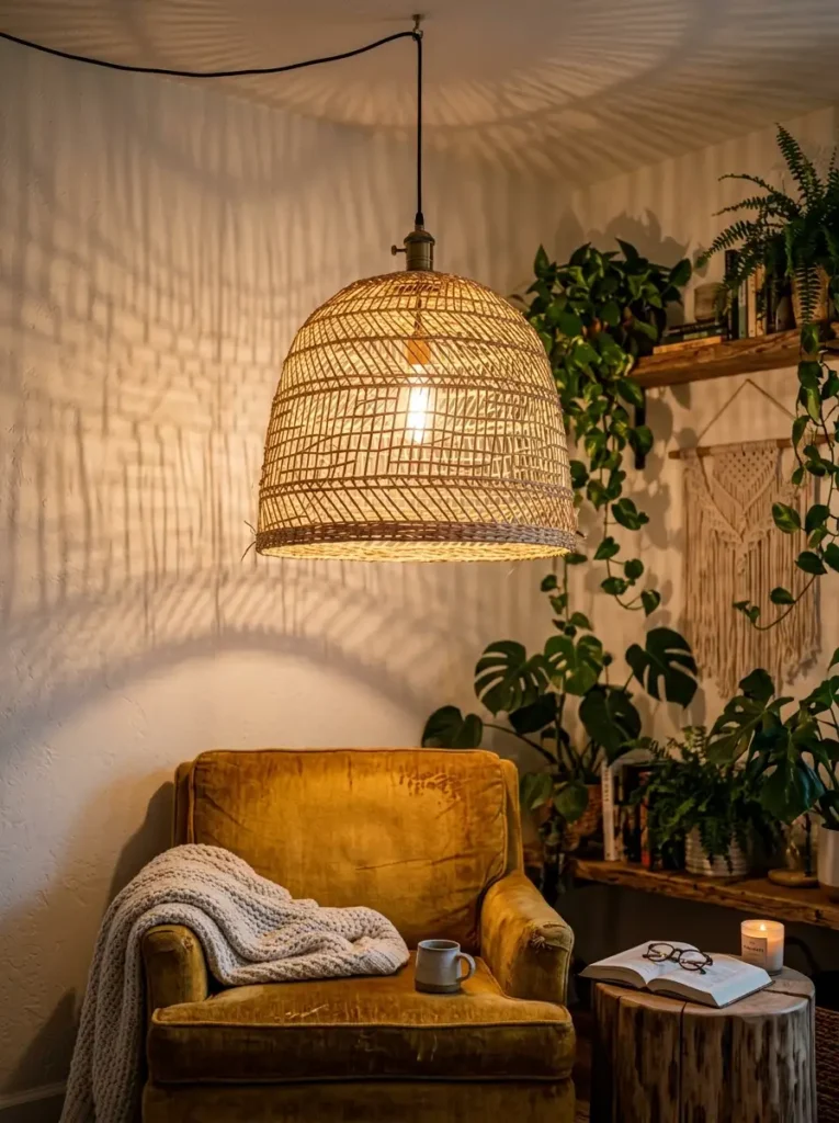 Woven Rattan Basket Pendant Light Inverted natural woven rattan basket repurposed as a pendant light shade hanging over a yellow velvet reading chair