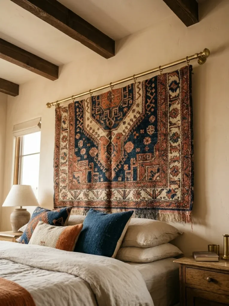 Large vintage tribal patterned rug suspended from a polished brass curtain rod above a bed.