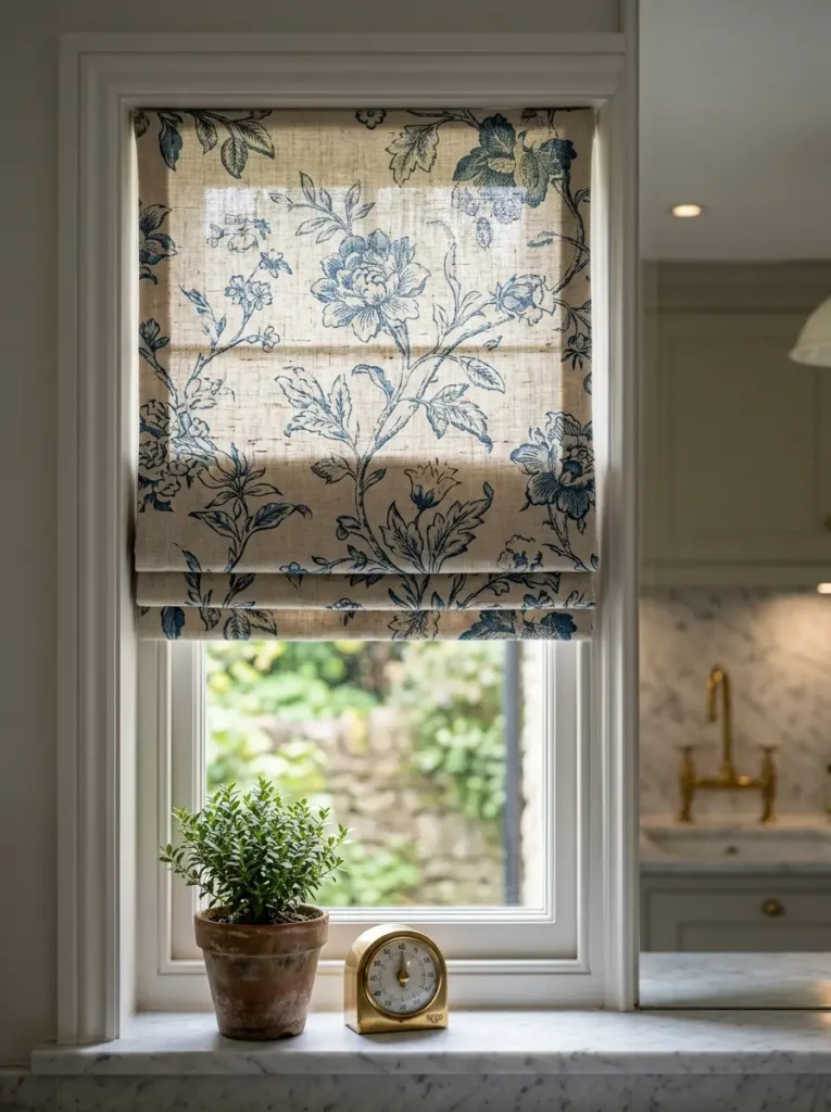 Blue and white floral patterned fabric roman shade in a kitchen window