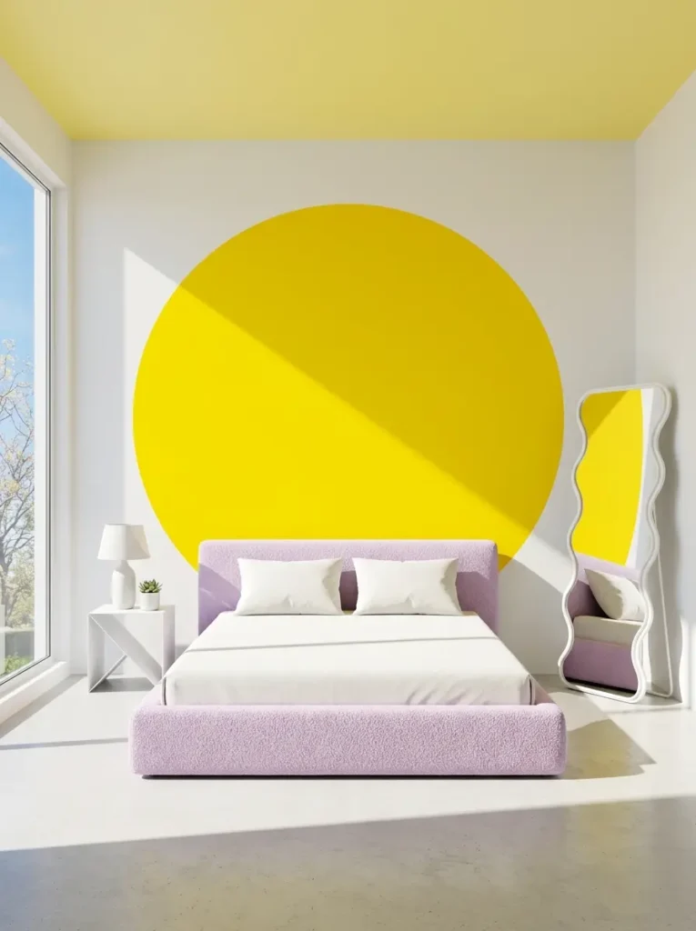 Massive yellow painted circle on a white wall behind a purple textured bed frame with a wavy floor mirror nearby