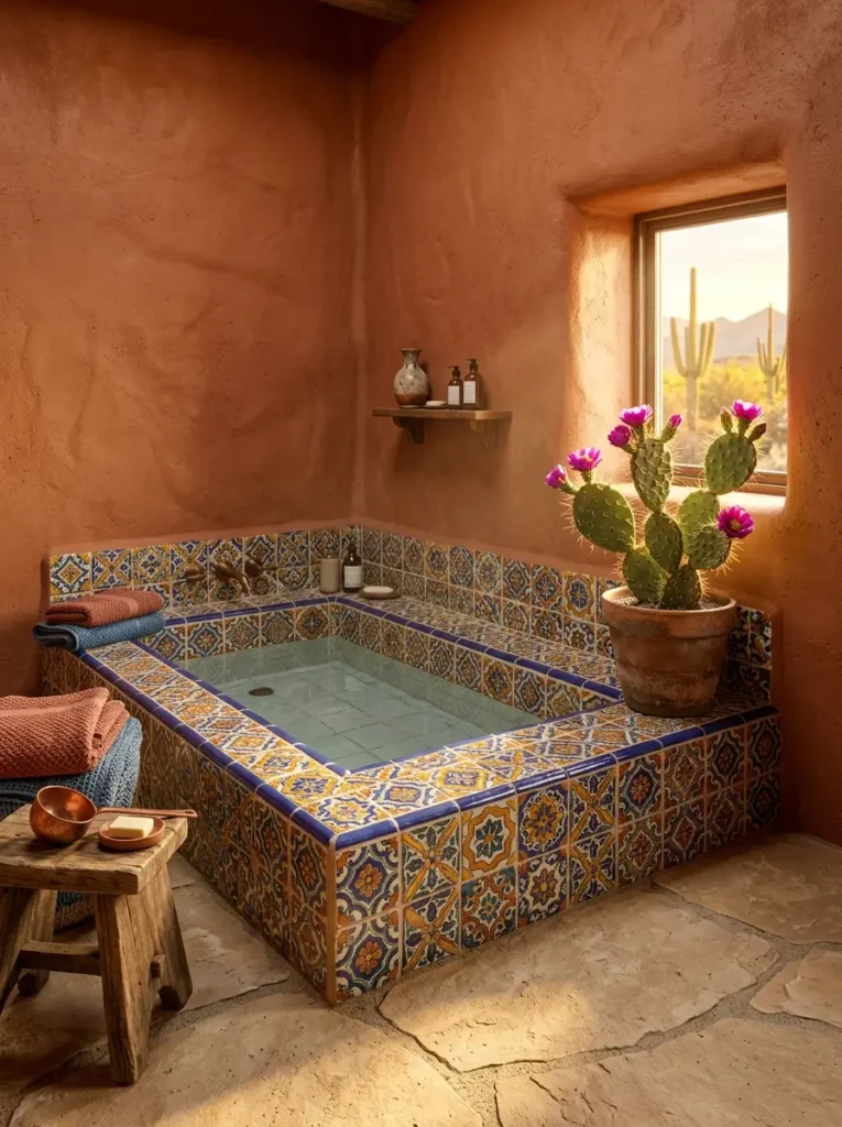 Warm adobe walls and a tiled sunken tub with a flowering prickly pear cactus.