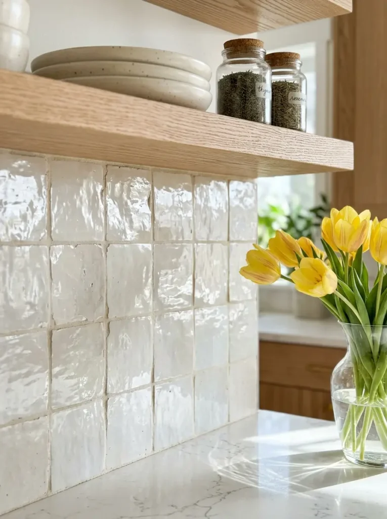 Close up of white glazed zellige wall tiles behind a wood shelf with tulips.