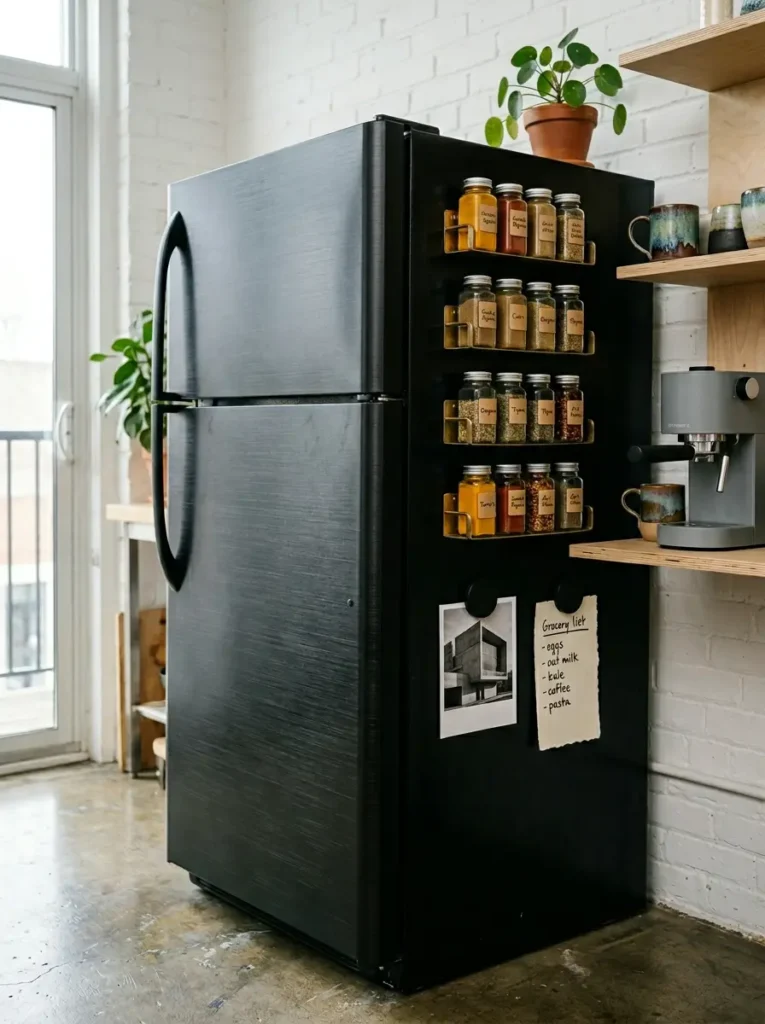 Brass magnetic spice racks holding glass jars on the side of a black refrigerator