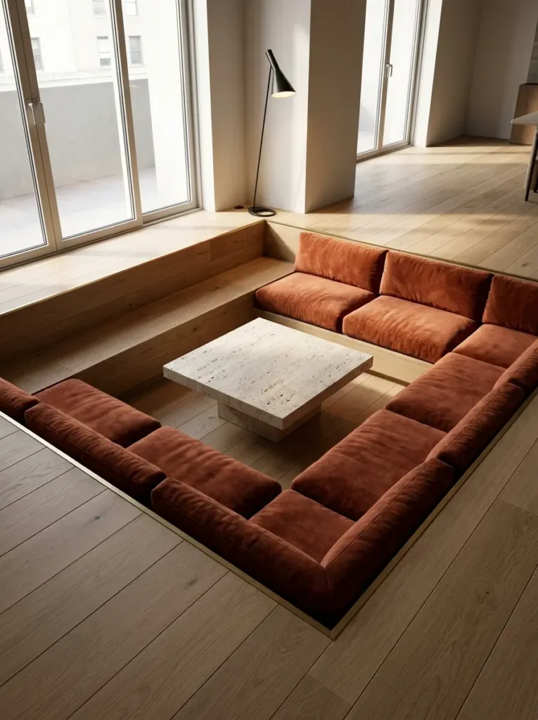 Recessed wooden conversation pit lined with orange velvet cushions