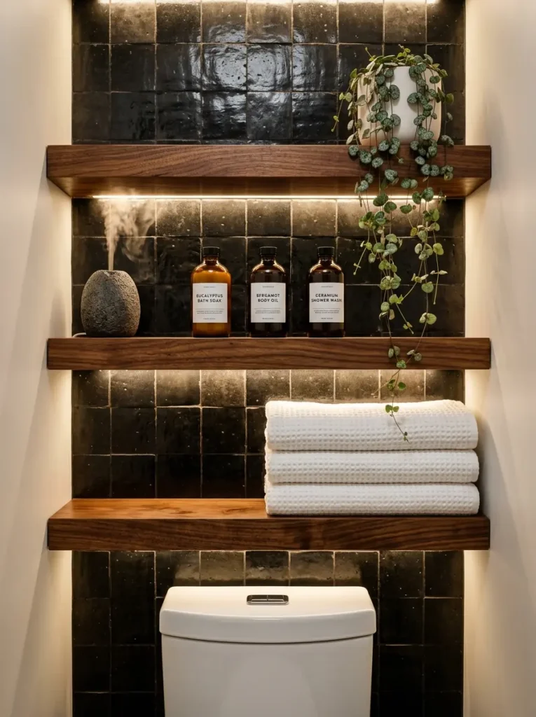 Three thick floating wooden shelves installed directly over a white toilet against black square tiles.