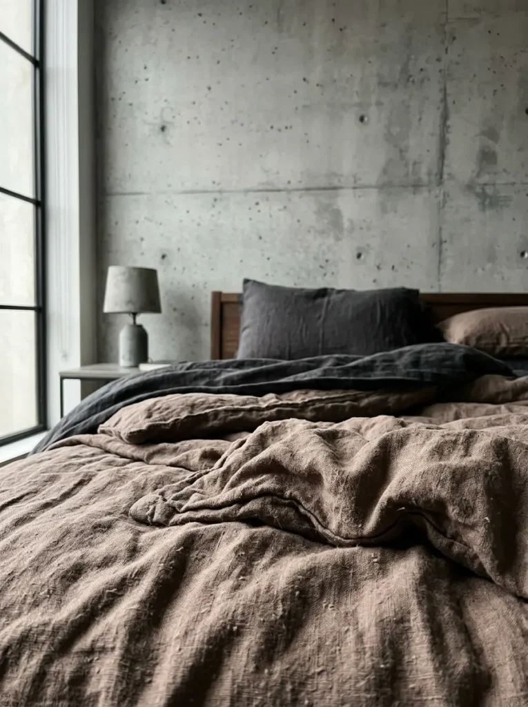 Raw Concrete Accent Wall Raw exposed concrete wall behind a bed dressed in brown and charcoal linen sheets.