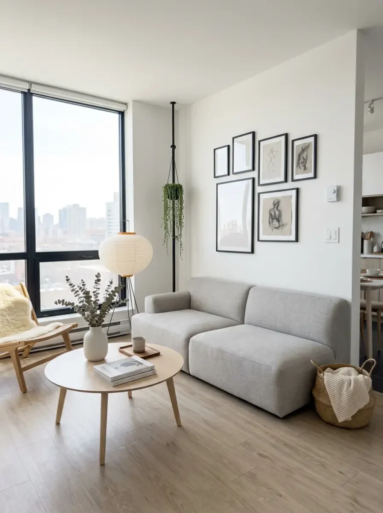 Light gray modular sofa and round wooden coffee table next to large bright window in minimalist white apartment