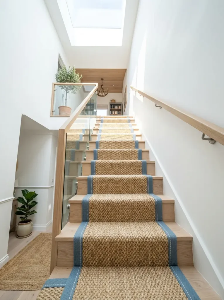 Natural fiber stair runner with blue border on wood steps.