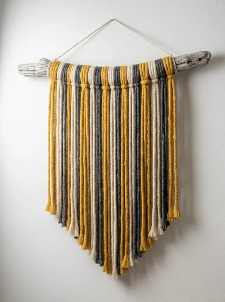 Long strands of mustard and grey yarn hanging from a piece of driftwood on a white wall